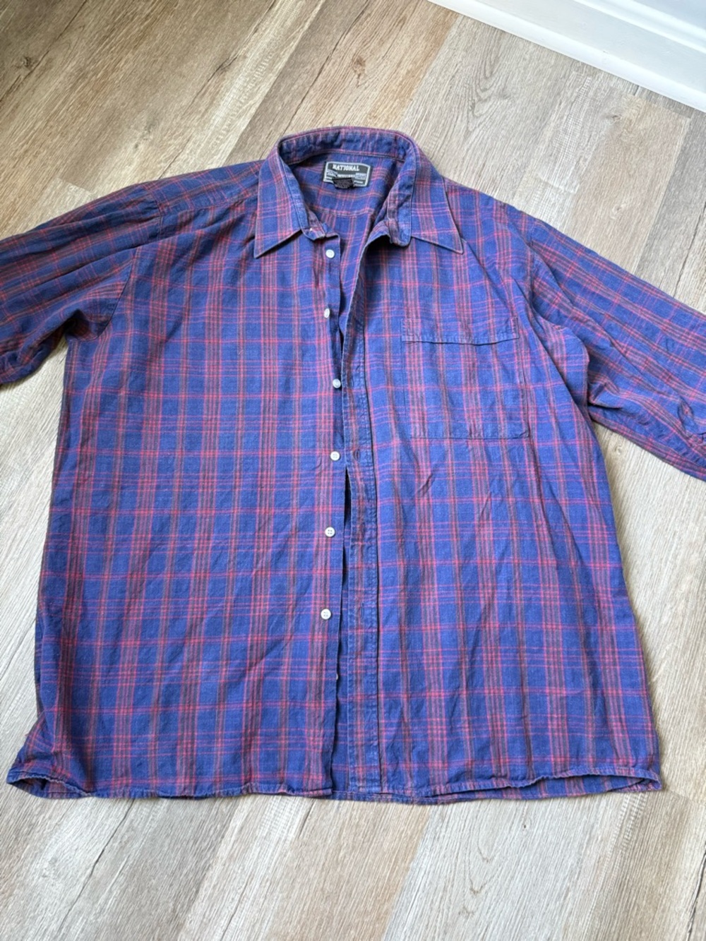 VTG NATIONAL OUTFITTERS Blue Red Purple Plaid Button-Up Flannel Shirt Size L XL